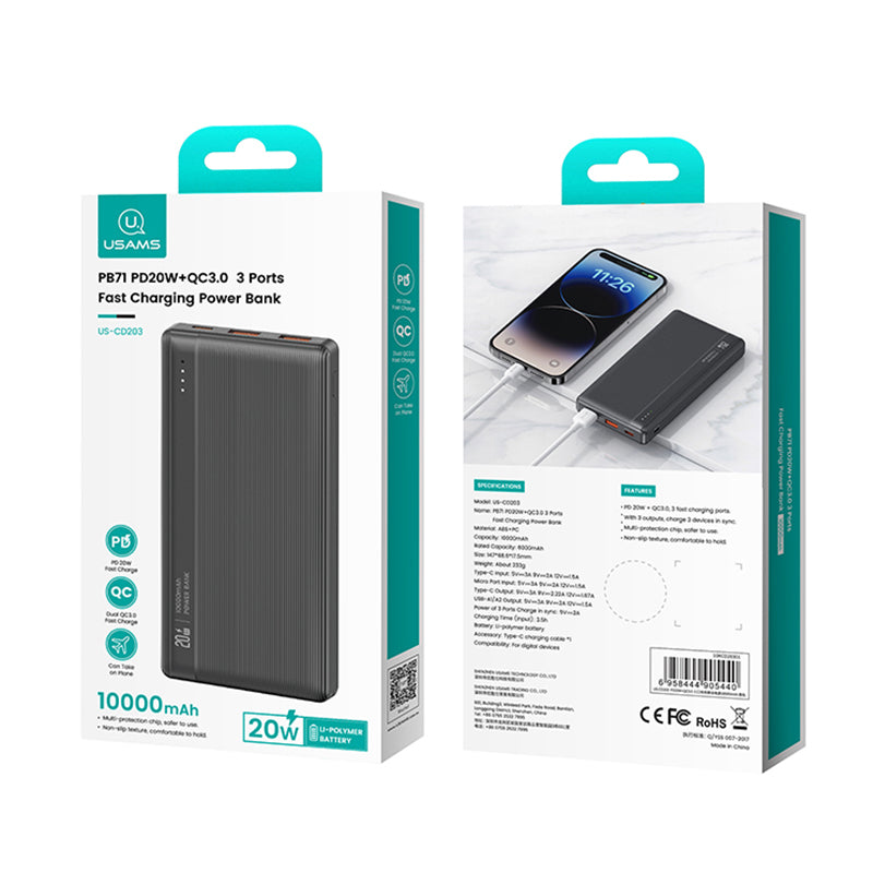 USAMS US-CD203 PB71 PD 20W + QC3.0 Fast Charging Power Bank 2 USB + 1 Type-C 10000mAh Phone External Battery