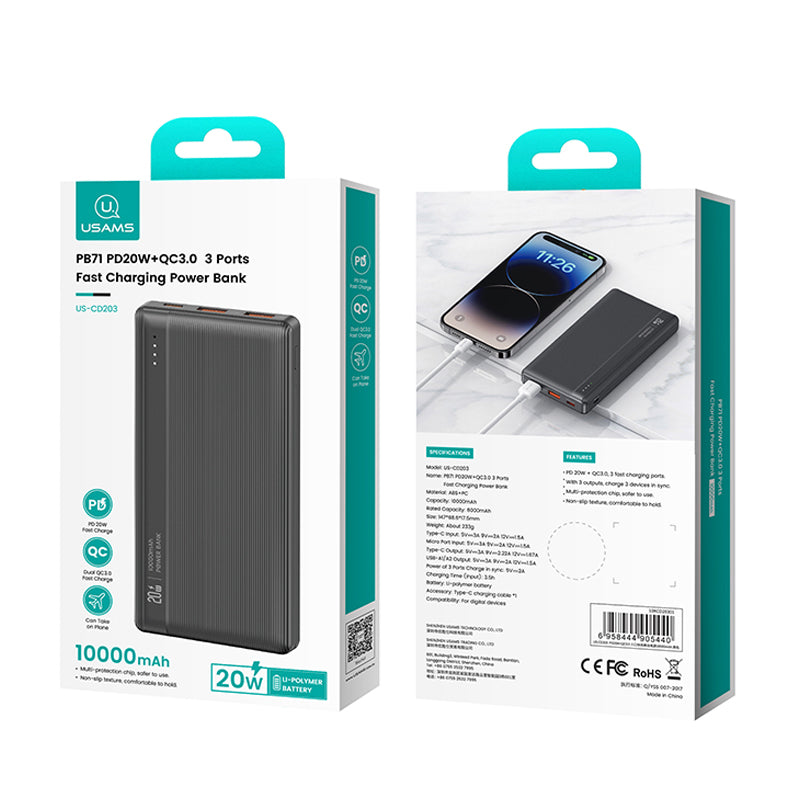 USAMS US-CD204 PB71 PD 20W + QC3.0 20000mAh Fast Charging Power Bank 2 USB + 1 Type-C Phone External Battery