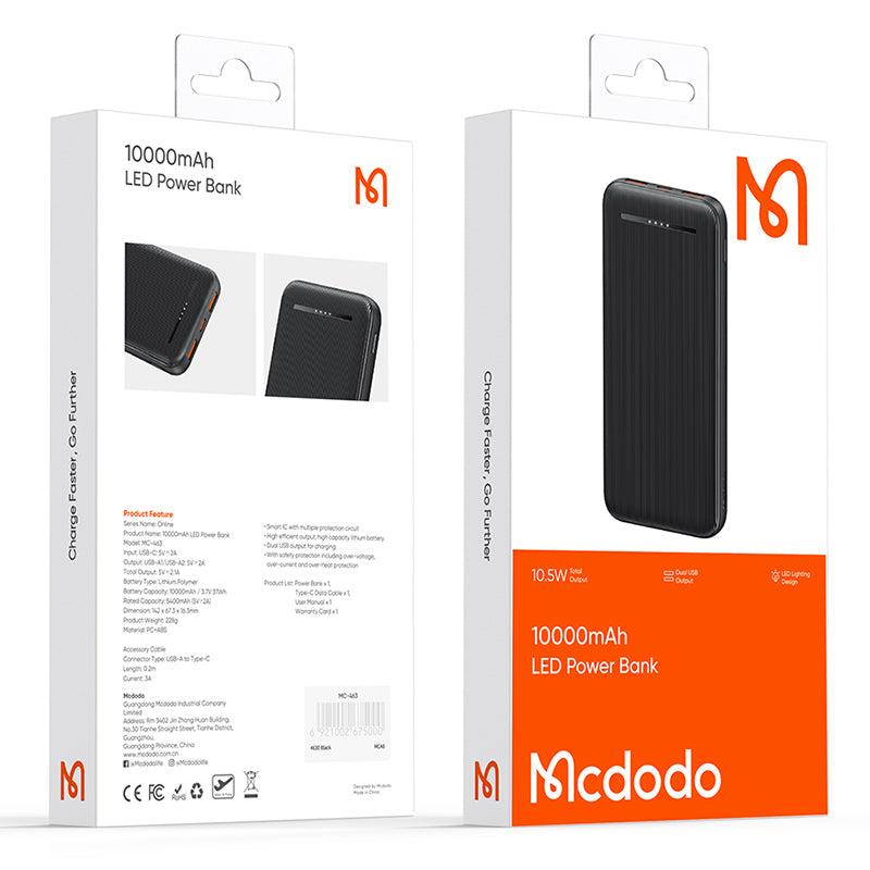 MCDODO MC-4631 Online Series 10000mAh LED Power Bank Dual USB Output Battery Pack, Black