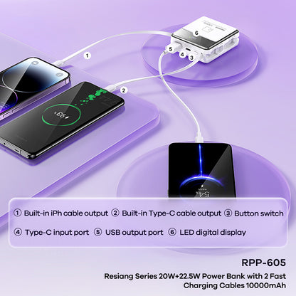 REMAX RPP-605 20W+22.5W Cabled Power Bank 10000mAh Portable Phone Charger with Dual Fast Charging Cable