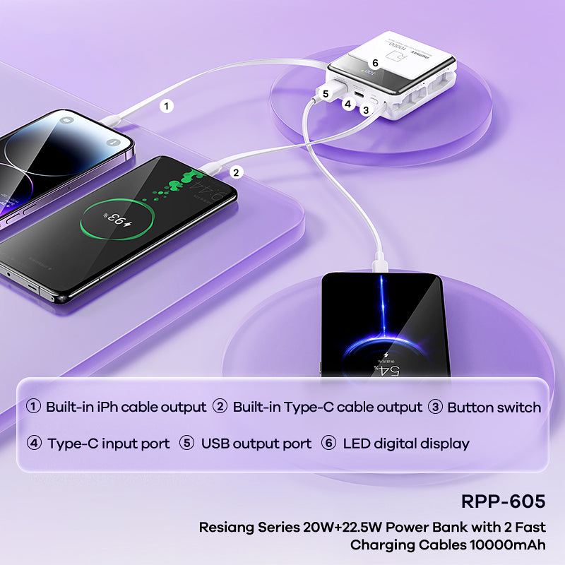 REMAX RPP-605 20W+22.5W Cabled Power Bank 10000mAh Portable Phone Charger with Dual Fast Charging Cable