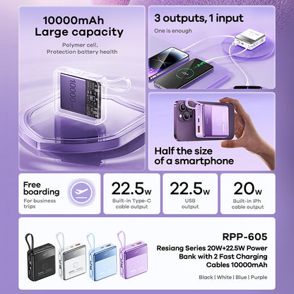 REMAX RPP-605 20W+22.5W Cabled Power Bank 10000mAh Portable Phone Charger with Dual Fast Charging Cable