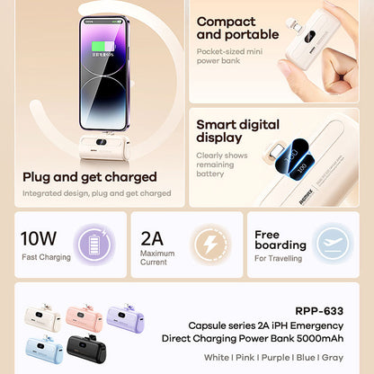 REMAX RPP-633 Capsule Series 2A iP Port 5000mAh Power Bank Emergency Direct Charge Phone Charger