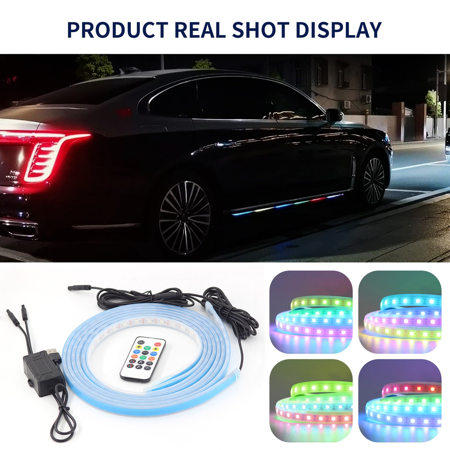 E15U 1.5m USB Cable Modified Ambient Light Car Door Outside LED Strip Lights Colorful Voice / RC Control Breathing Running Light