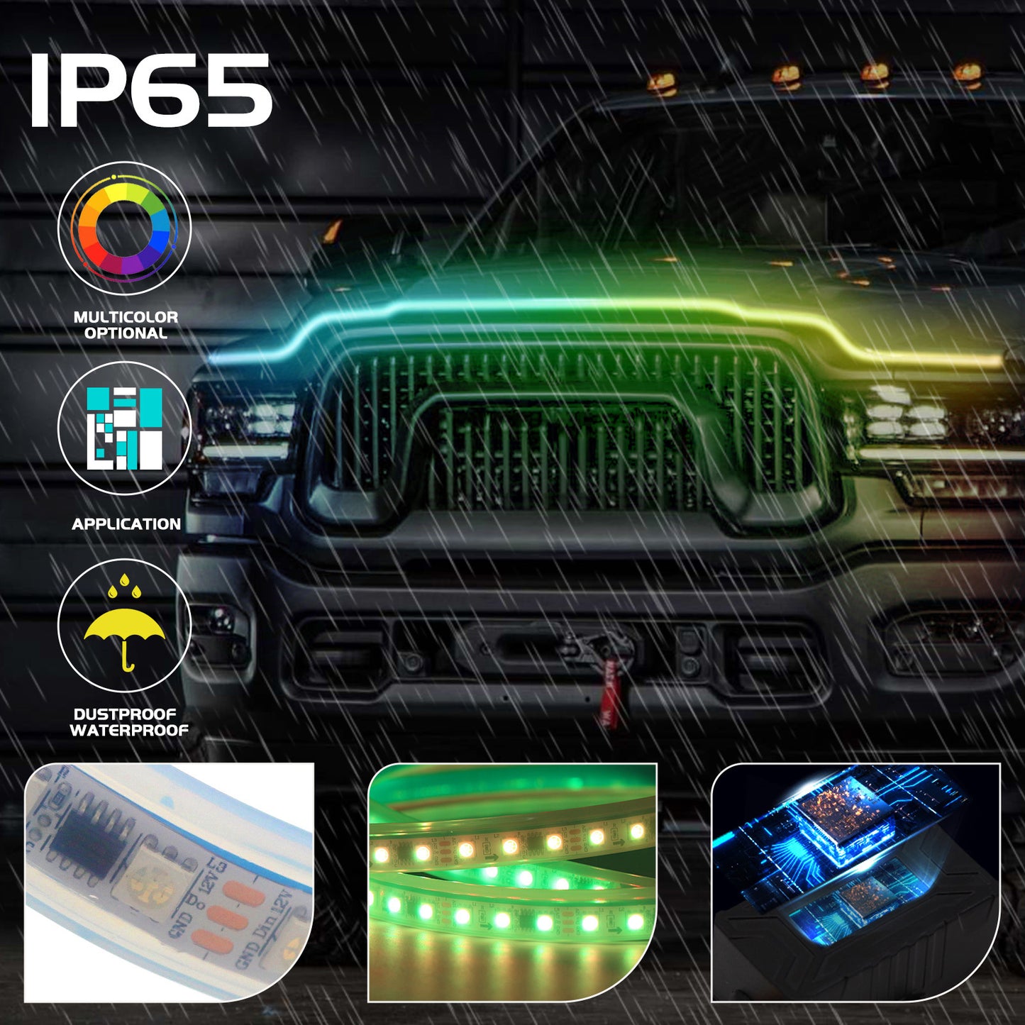 G18 1.8m 12V Flexible Car Hood Glow Headlight Strip Multicolor Waterproof Car Warning Lights with Remote Control