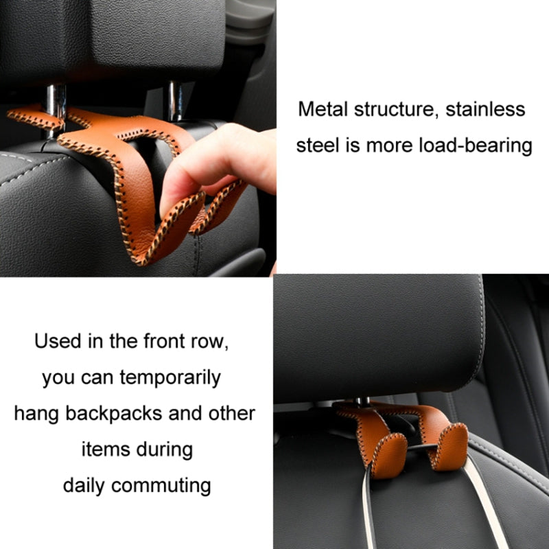 Dual Hook Design Car Seat Back Hanging Hook Stainless Steel + PU Leather Car Seat Headrest Hook Phone Holder