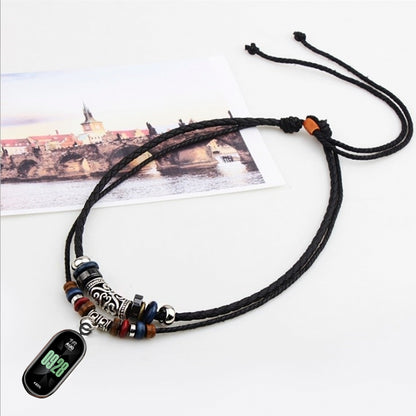 Retro Neck Strap for Xiaomi Smart Band 8 , Dual Layer Beads Decor Braided Leather Watch Necklace Lanyard