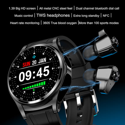 GT66 2-in-1 Silicone Strap Smart Watch with Earbuds, TWS Headset Combo 1.39 Bluetooth Phone Call Fitness Tracker