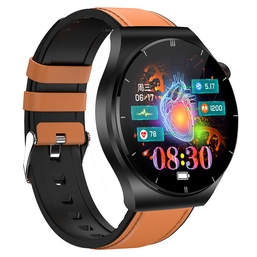 ET340 ECG+PPG+SOS Watch Health Status Sports Tracker Monitor Bluetooth Call Smart Wristband with Leather Strap