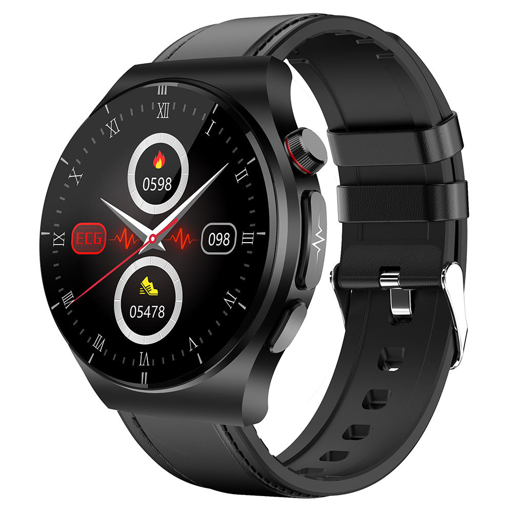 ET340 ECG+PPG+SOS Watch Health Status Sports Tracker Monitor Bluetooth Call Smart Wristband with Leather Strap