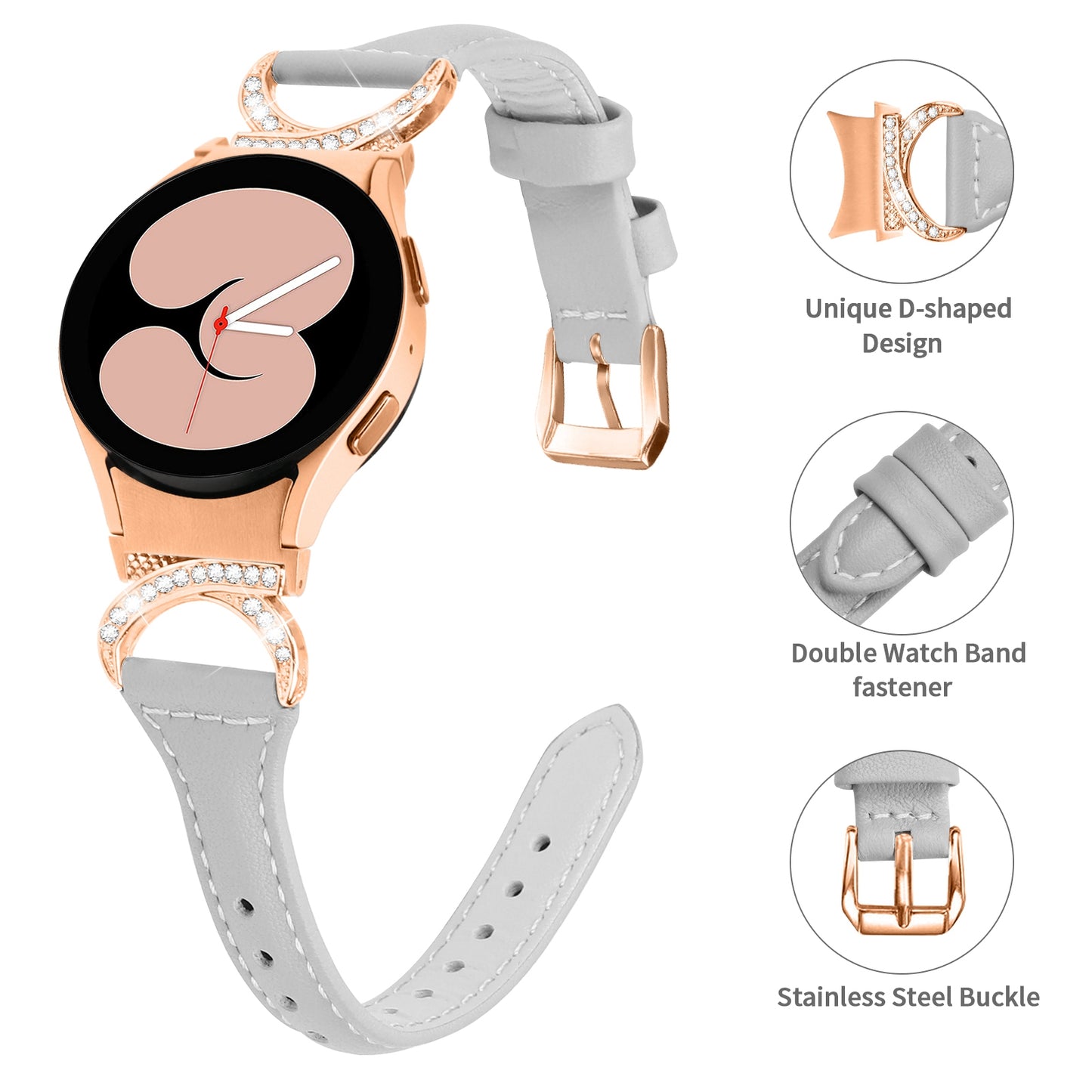 For Samsung Galaxy Watch6 40mm 44mm / Watch6 Classic 43mm 47mm / Watch 5 40mm 44mm / Watch4 40mm 44mm Leather Watch Band Rhinestone Wrist Strap with Rose Gold Buckle