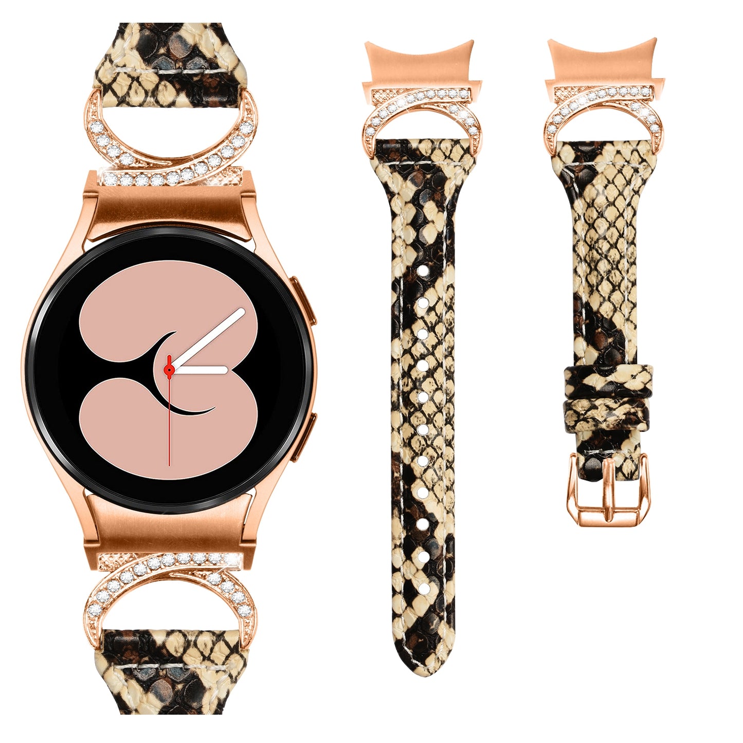 For Samsung Galaxy Watch6 40mm 44mm / Watch6 Classic 43mm 47mm / Watch 5 40mm 44mm / Watch4 40mm 44mm Leather Watch Band Rhinestone Wrist Strap with Rose Gold Buckle