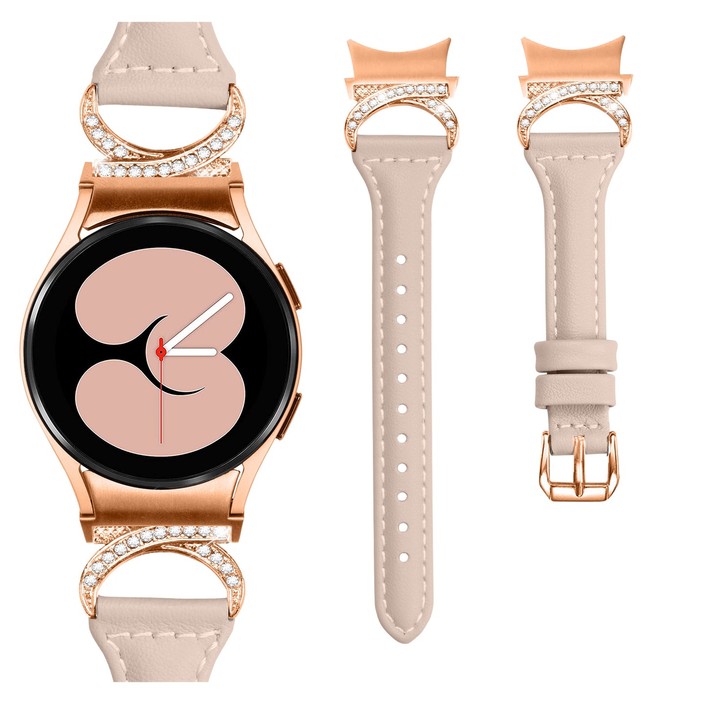 For Samsung Galaxy Watch6 40mm 44mm / Watch6 Classic 43mm 47mm / Watch 5 40mm 44mm / Watch4 40mm 44mm Leather Watch Band Rhinestone Wrist Strap with Rose Gold Buckle