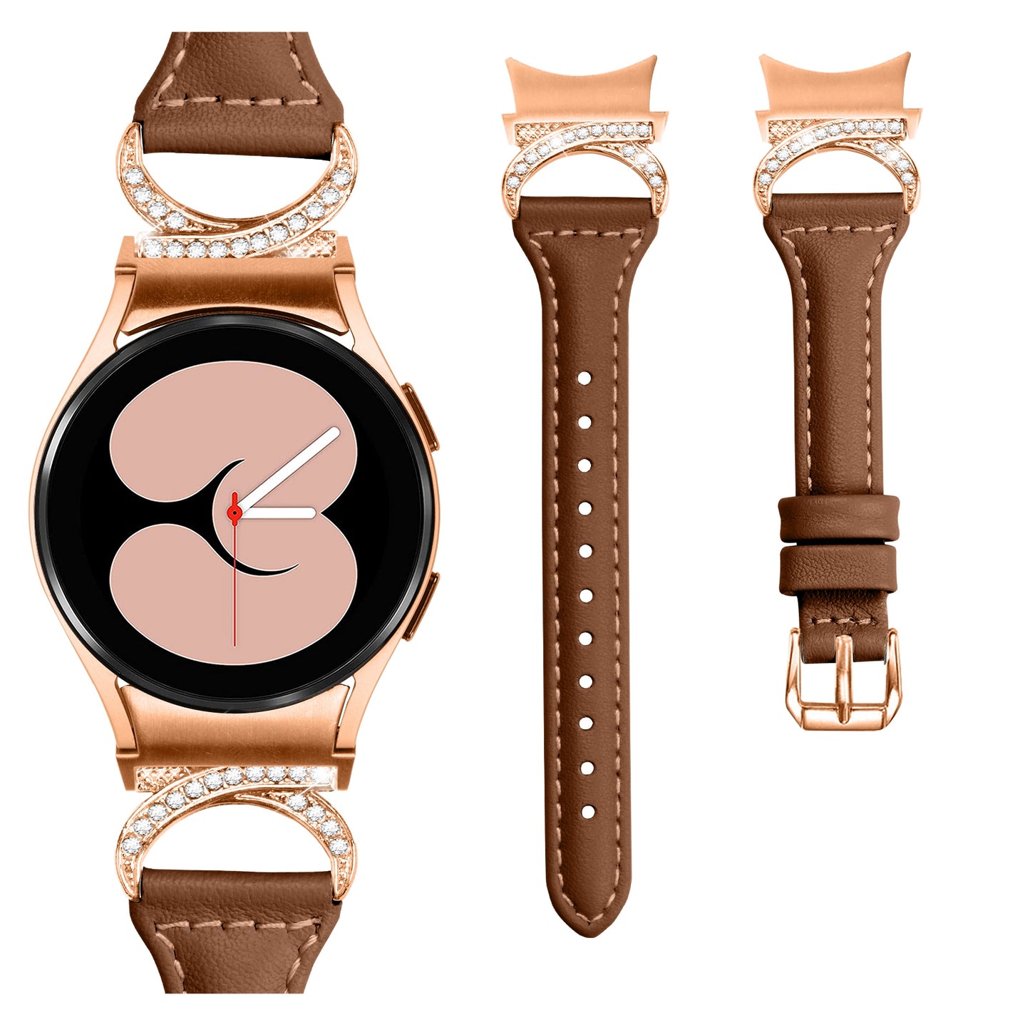 For Samsung Galaxy Watch6 40mm 44mm / Watch6 Classic 43mm 47mm / Watch 5 40mm 44mm / Watch4 40mm 44mm Leather Watch Band Rhinestone Wrist Strap with Rose Gold Buckle