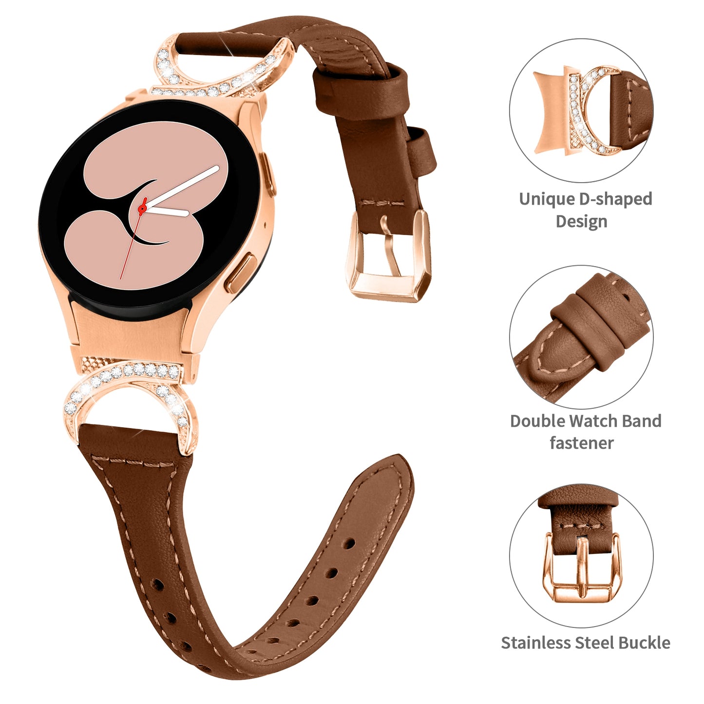 For Samsung Galaxy Watch6 40mm 44mm / Watch6 Classic 43mm 47mm / Watch 5 40mm 44mm / Watch4 40mm 44mm Leather Watch Band Rhinestone Wrist Strap with Rose Gold Buckle