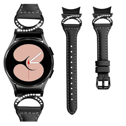 For Samsung Galaxy Watch6 40mm 44mm / Watch6 Classic 43mm 47mm / Watch 5 40mm 44mm / Watch4 40mm 44mm Watchband Rhinestone Leather Wrist Strap with Black Buckle