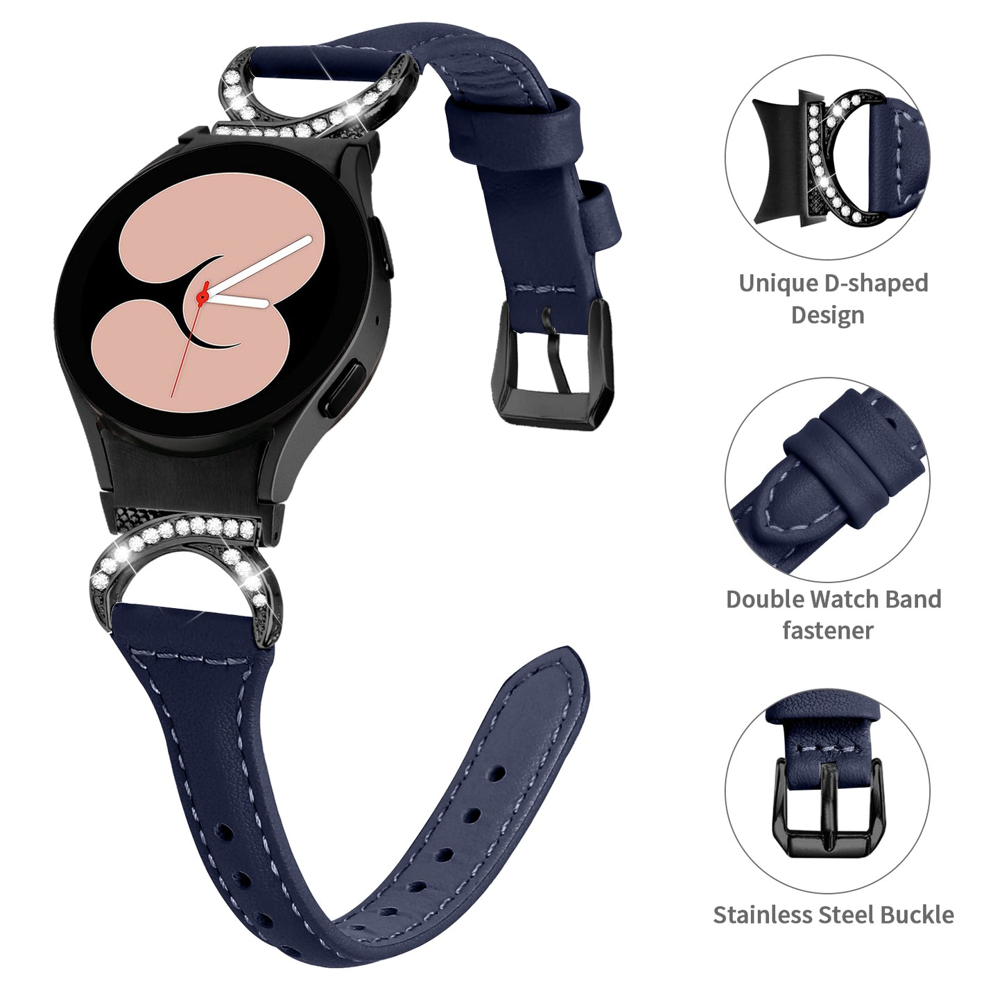 For Samsung Galaxy Watch6 40mm 44mm / Watch6 Classic 43mm 47mm / Watch 5 40mm 44mm / Watch4 40mm 44mm Watchband Rhinestone Leather Wrist Strap with Black Buckle