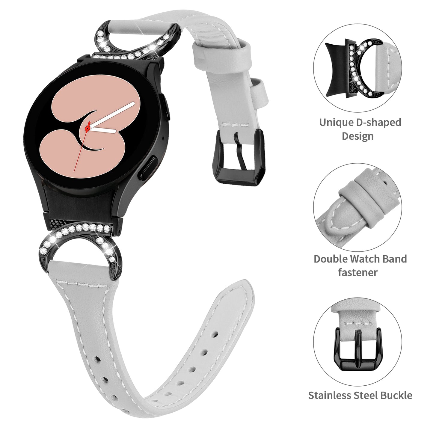 For Samsung Galaxy Watch6 40mm 44mm / Watch6 Classic 43mm 47mm / Watch 5 40mm 44mm / Watch4 40mm 44mm Watchband Rhinestone Leather Wrist Strap with Black Buckle