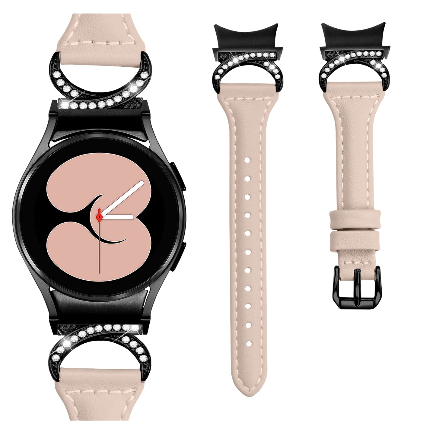 For Samsung Galaxy Watch6 40mm 44mm / Watch6 Classic 43mm 47mm / Watch 5 40mm 44mm / Watch4 40mm 44mm Watchband Rhinestone Leather Wrist Strap with Black Buckle