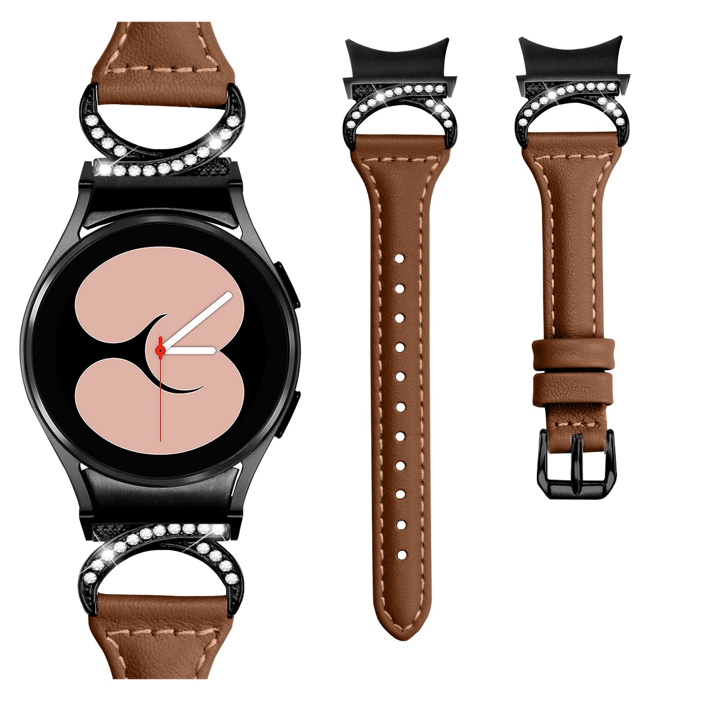 For Samsung Galaxy Watch6 40mm 44mm / Watch6 Classic 43mm 47mm / Watch 5 40mm 44mm / Watch4 40mm 44mm Watchband Rhinestone Leather Wrist Strap with Black Buckle