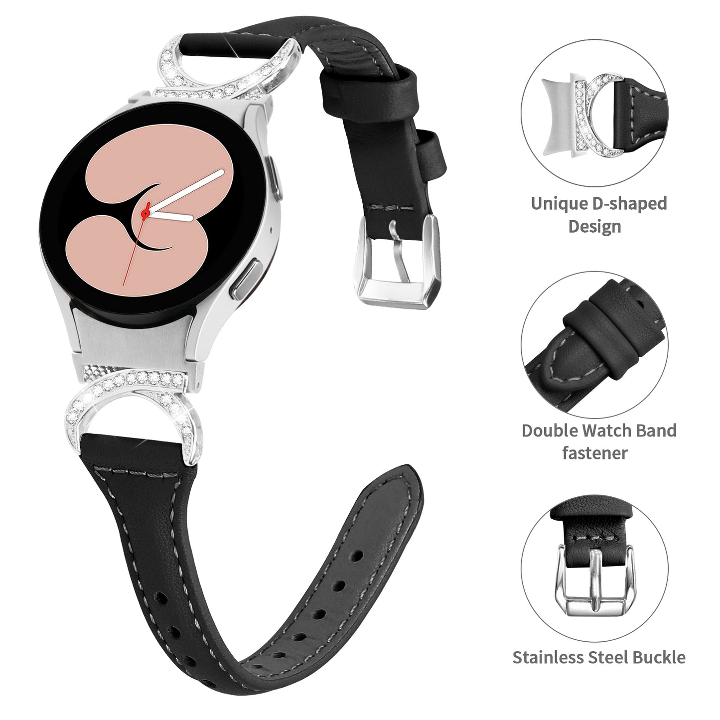 For Samsung Galaxy Watch6 40mm 44mm / Watch6 Classic 43mm 47mm / Watch 5 40mm 44mm / Watch4 40mm 44mm Watch Strap PU Leather Rhinestone Watchband with Silver Buckle