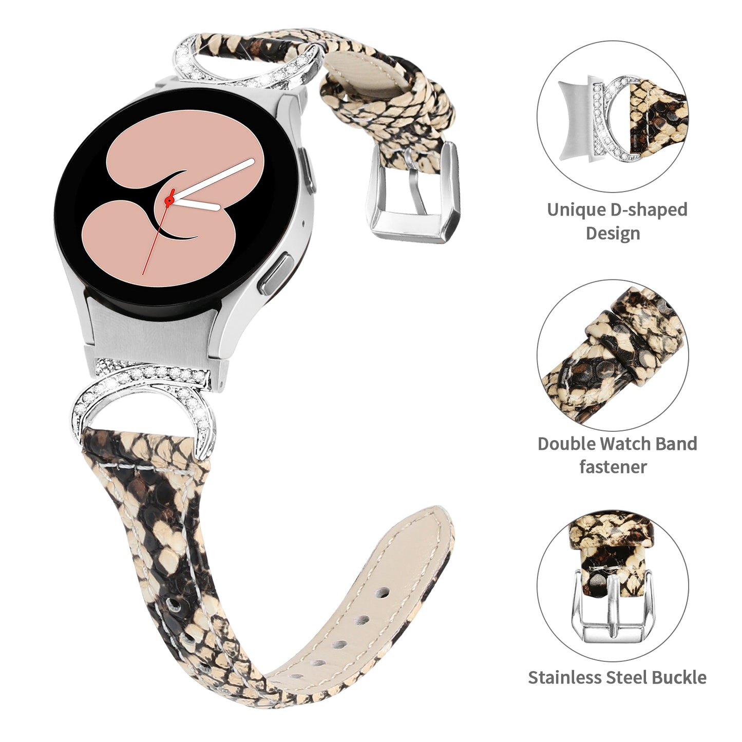 For Samsung Galaxy Watch6 40mm 44mm / Watch6 Classic 43mm 47mm / Watch 5 40mm 44mm / Watch4 40mm 44mm Watch Strap PU Leather Rhinestone Watchband with Silver Buckle