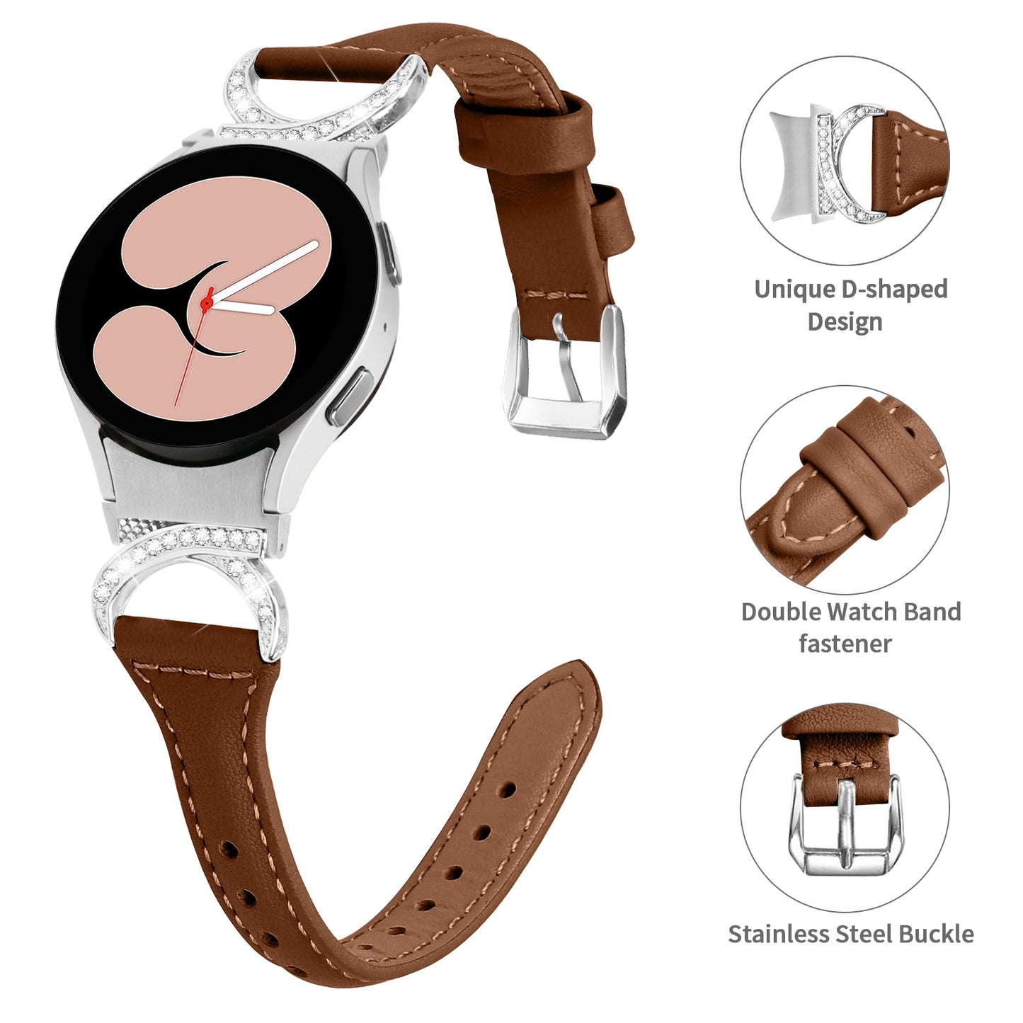 For Samsung Galaxy Watch6 40mm 44mm / Watch6 Classic 43mm 47mm / Watch 5 40mm 44mm / Watch4 40mm 44mm Watch Strap PU Leather Rhinestone Watchband with Silver Buckle