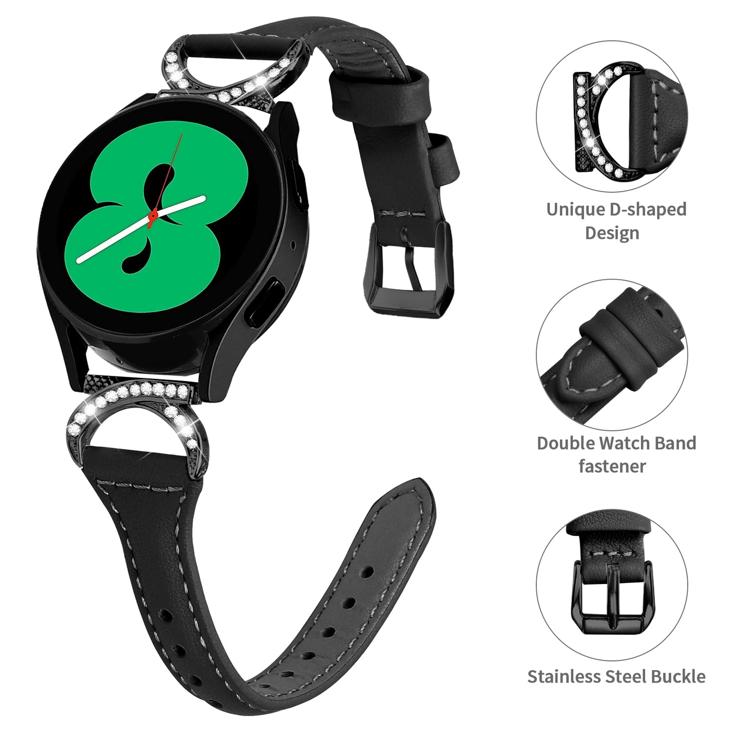 For Samsung Galaxy Watch 3 41mm / Watch6 40mm 44mm / Watch6 Classic 43mm 47mm / Watch 5 40mm 44mm / Watch4 40mm 44mm Watch Strap 20mm Leather Wristband with Black Buckle