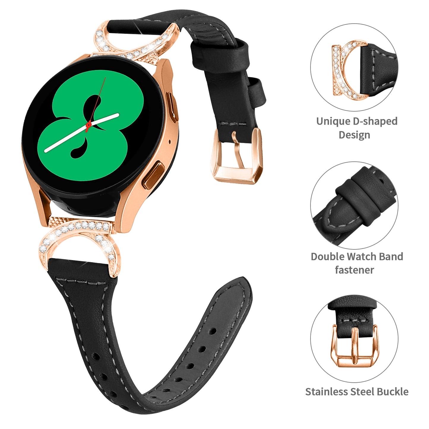 For Samsung Galaxy Watch 3 41mm / Watch6 40mm 44mm / Watch6 Classic 43mm 47mm / Watch 5 40mm 44mm / Watch4 40mm 44mm Leather Watch Strap 20mm Watch Band with Rose Gold Buckle