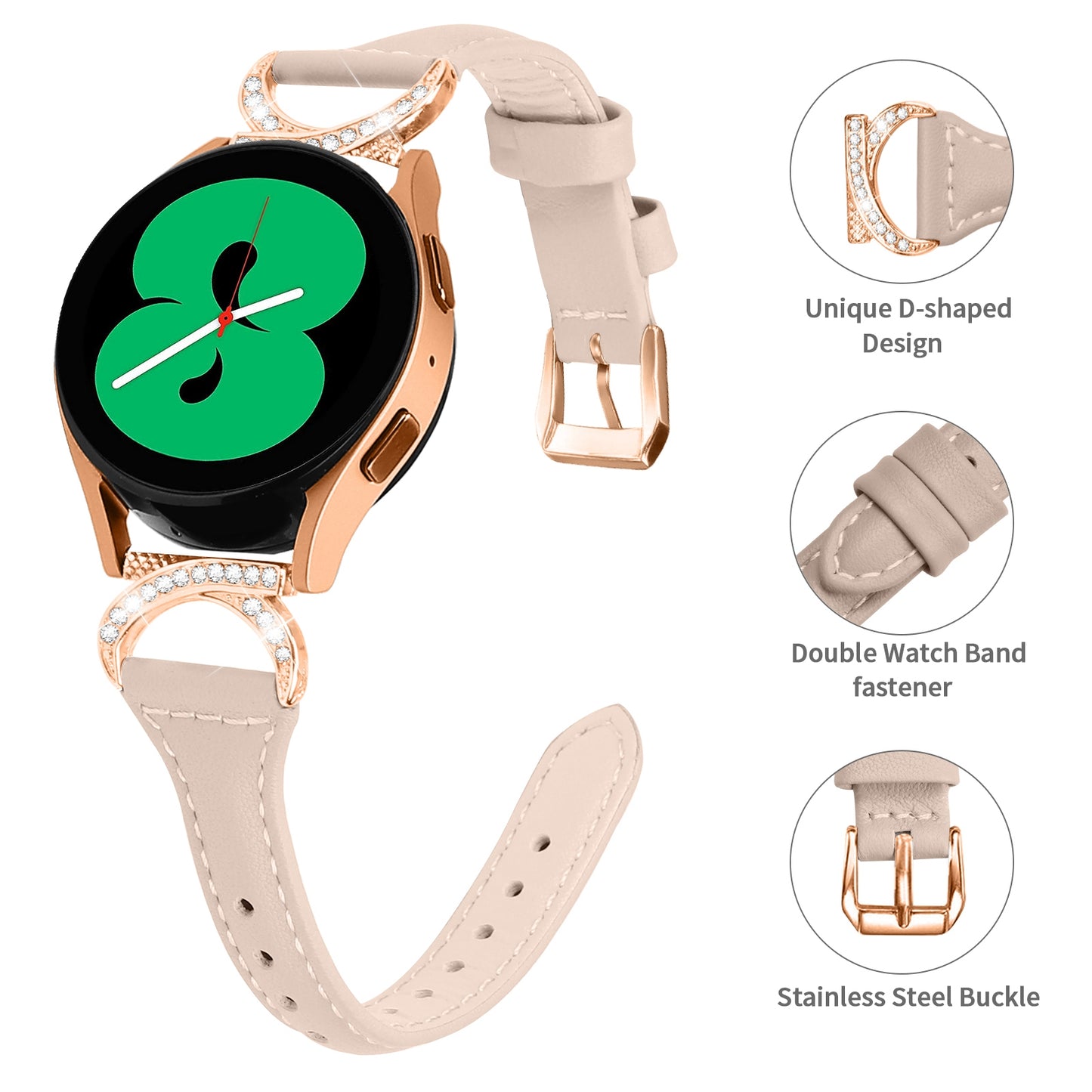 For Samsung Galaxy Watch 3 41mm / Watch6 40mm 44mm / Watch6 Classic 43mm 47mm / Watch 5 40mm 44mm / Watch4 40mm 44mm Leather Watch Strap 20mm Watch Band with Rose Gold Buckle