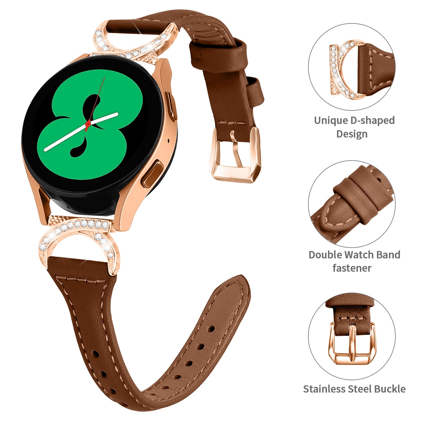 For Samsung Galaxy Watch 3 41mm / Watch6 40mm 44mm / Watch6 Classic 43mm 47mm / Watch 5 40mm 44mm / Watch4 40mm 44mm Leather Watch Strap 20mm Watch Band with Rose Gold Buckle