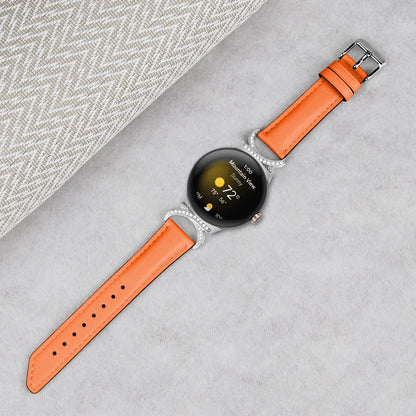 For Google Pixel Watch 2 / Pixel Watch Replacement Strap Rhinestone Decor D-shape Connector Split Leather Wrist Band with Silver Buckle