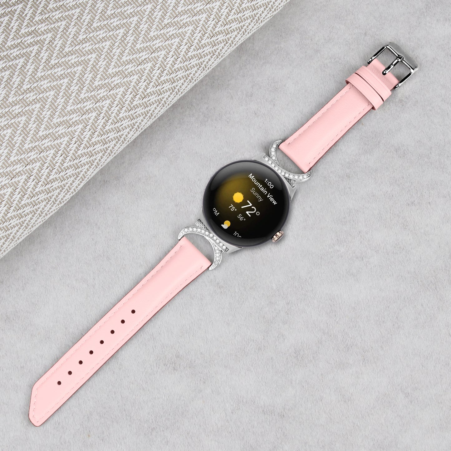 For Google Pixel Watch 2 / Pixel Watch Replacement Strap Rhinestone Decor D-shape Connector Split Leather Wrist Band with Silver Buckle