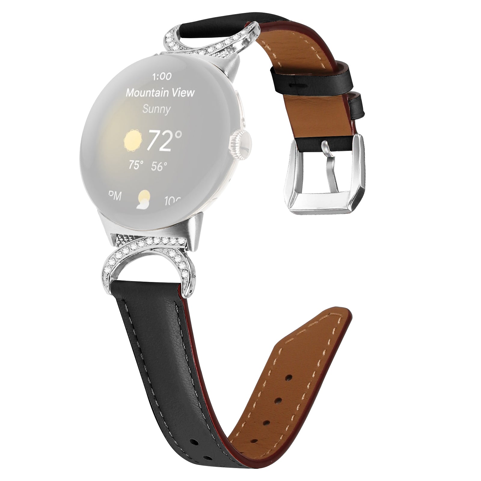 For Google Pixel Watch 2 / Pixel Watch Replacement Strap Rhinestone Decor D-shape Connector Split Leather Wrist Band with Silver Buckle