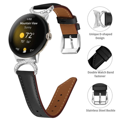 For Google Pixel Watch 2 / Pixel Watch Replacement Strap Rhinestone Decor D-shape Connector Split Leather Wrist Band with Silver Buckle