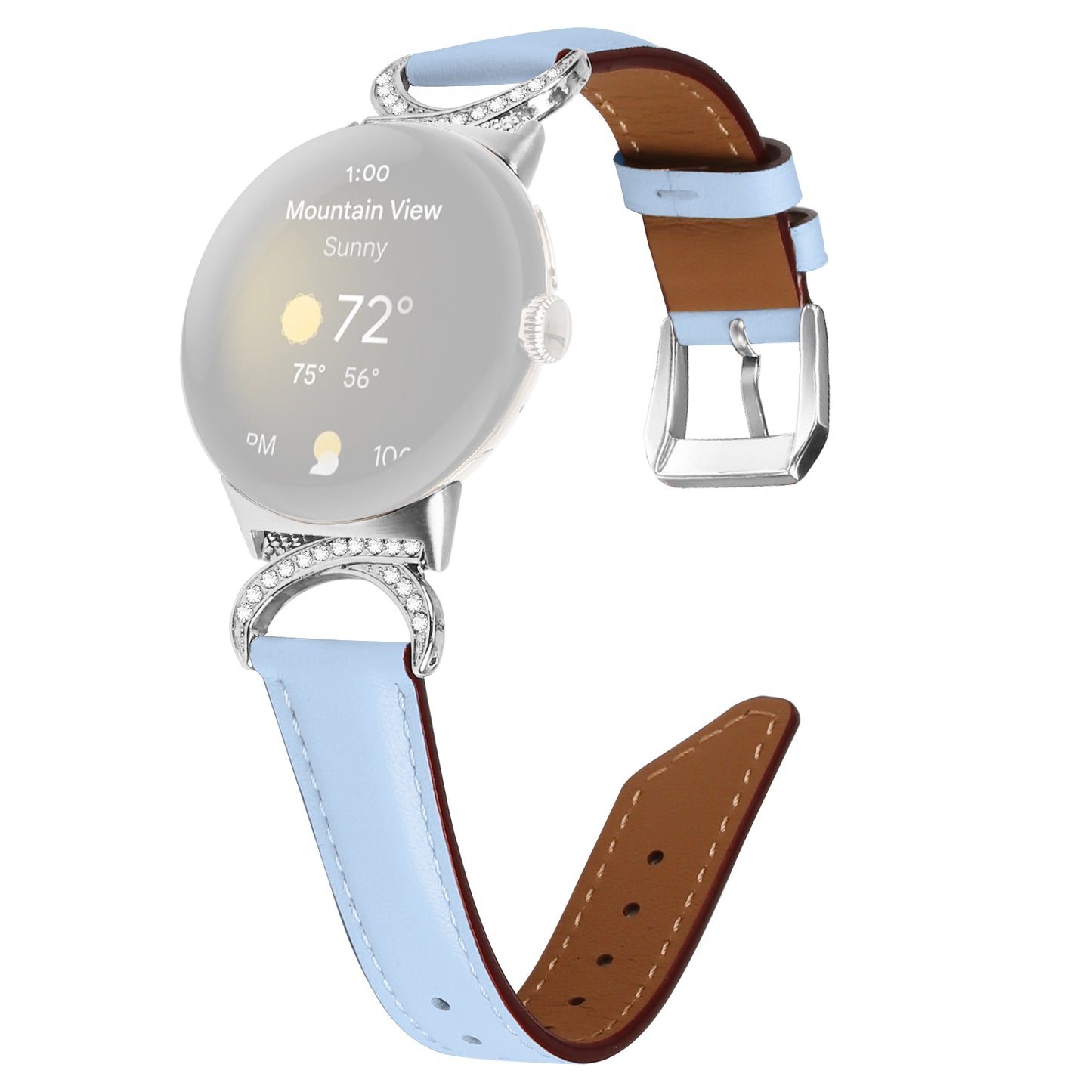 For Google Pixel Watch 2 / Pixel Watch Replacement Strap Rhinestone Decor D-shape Connector Split Leather Wrist Band with Silver Buckle