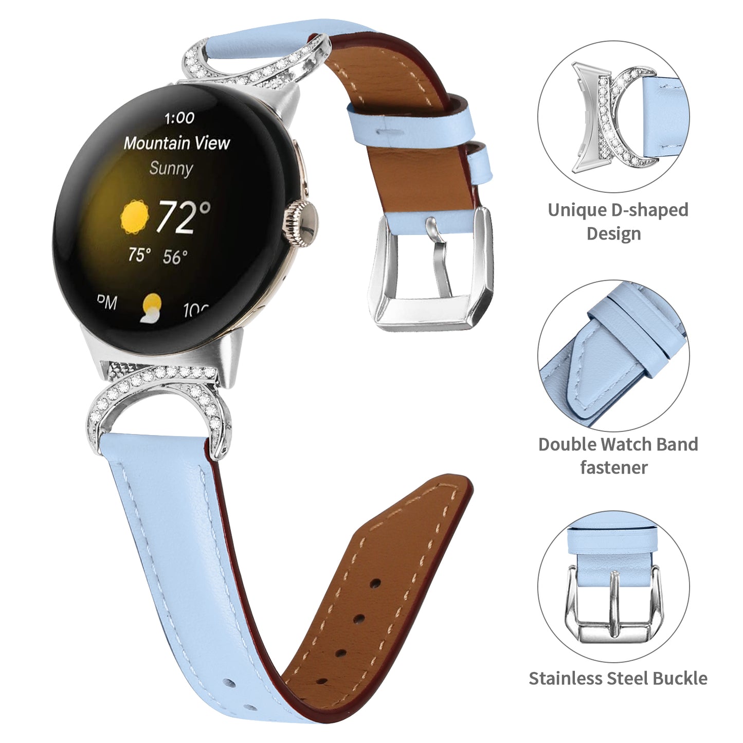 For Google Pixel Watch 2 / Pixel Watch Replacement Strap Rhinestone Decor D-shape Connector Split Leather Wrist Band with Silver Buckle