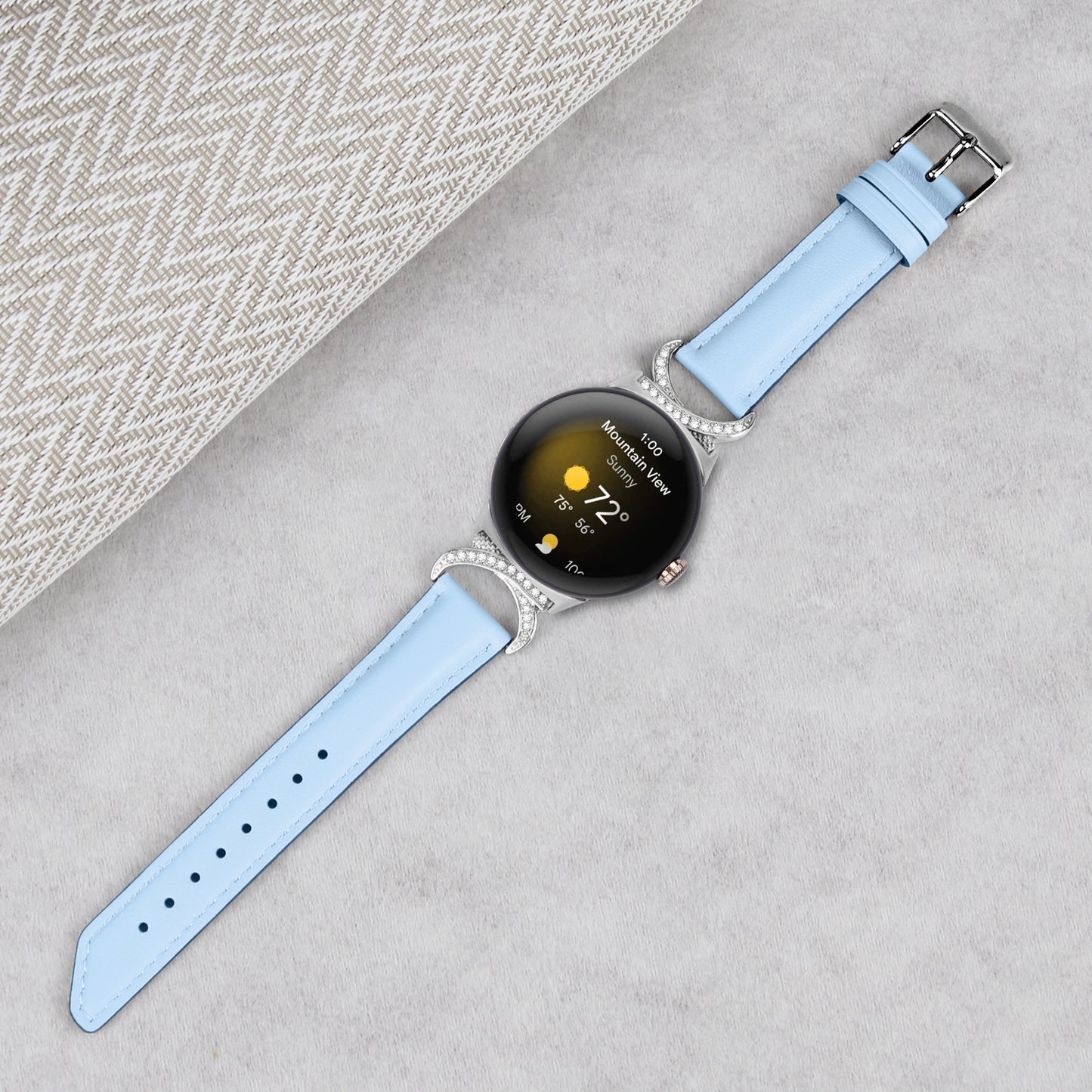 For Google Pixel Watch 2 / Pixel Watch Replacement Strap Rhinestone Decor D-shape Connector Split Leather Wrist Band with Silver Buckle