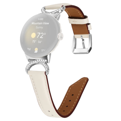 For Google Pixel Watch 2 / Pixel Watch Replacement Strap Rhinestone Decor D-shape Connector Split Leather Wrist Band with Silver Buckle