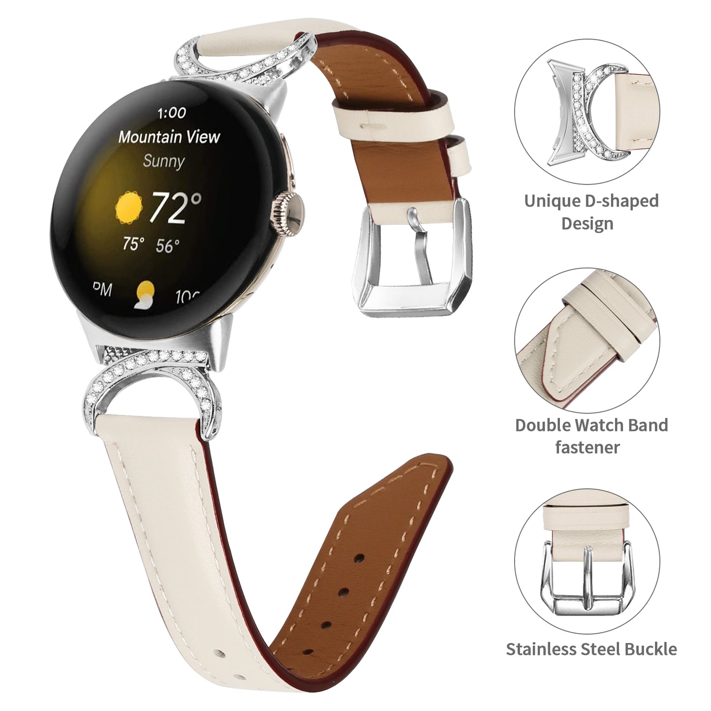 For Google Pixel Watch 2 / Pixel Watch Replacement Strap Rhinestone Decor D-shape Connector Split Leather Wrist Band with Silver Buckle