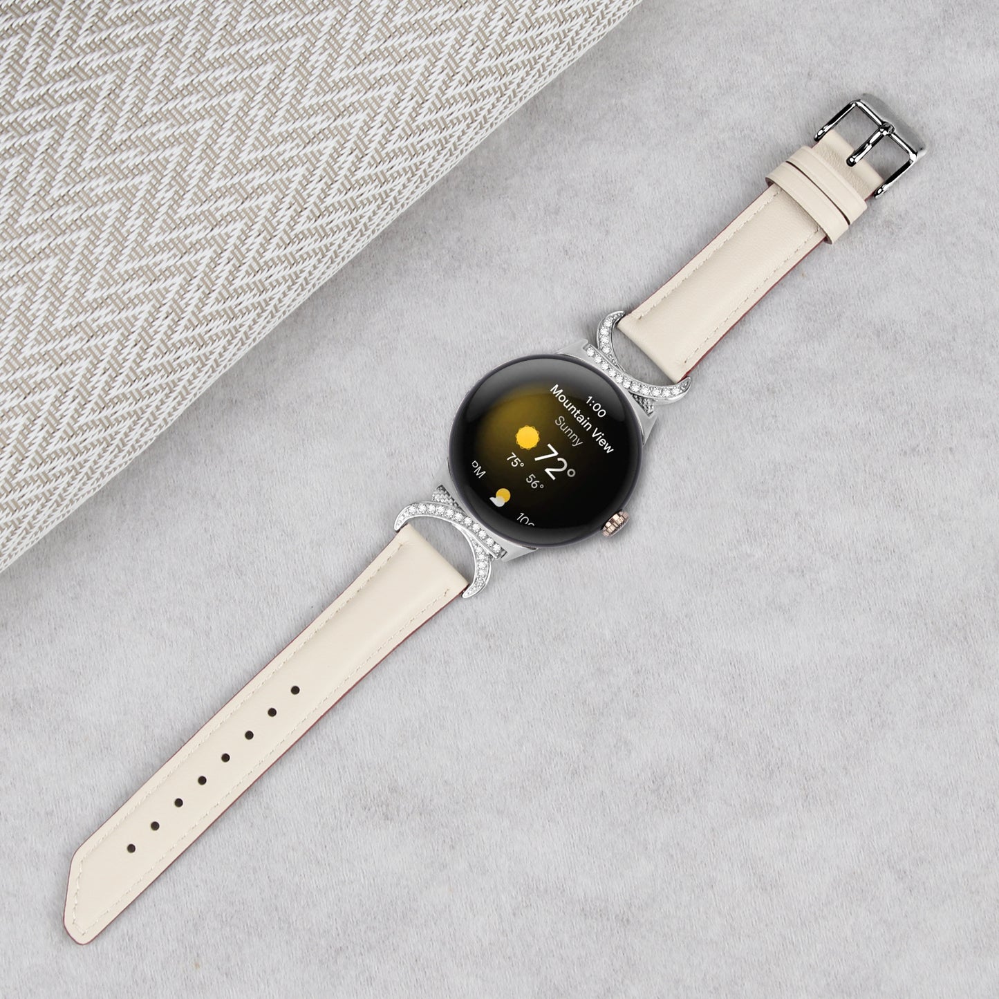 For Google Pixel Watch 2 / Pixel Watch Replacement Strap Rhinestone Decor D-shape Connector Split Leather Wrist Band with Silver Buckle