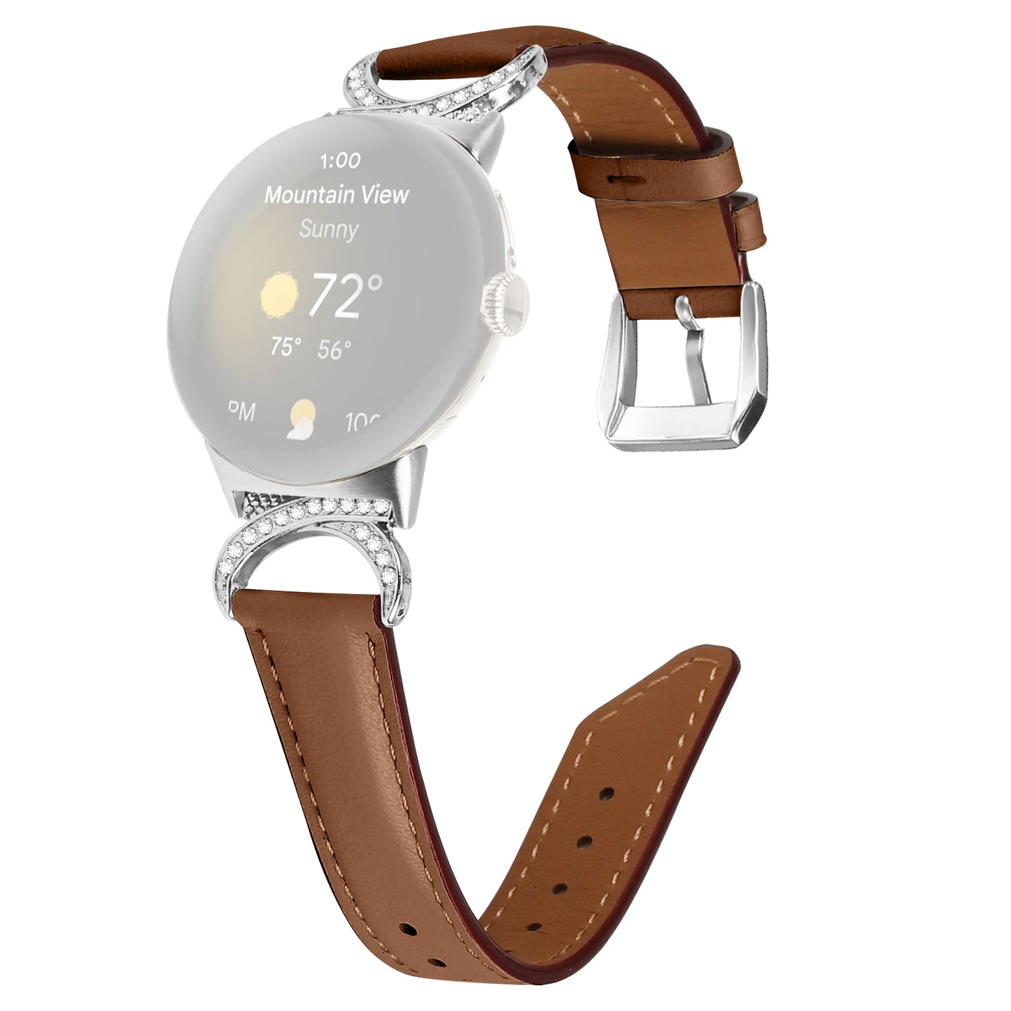 For Google Pixel Watch 2 / Pixel Watch Replacement Strap Rhinestone Decor D-shape Connector Split Leather Wrist Band with Silver Buckle