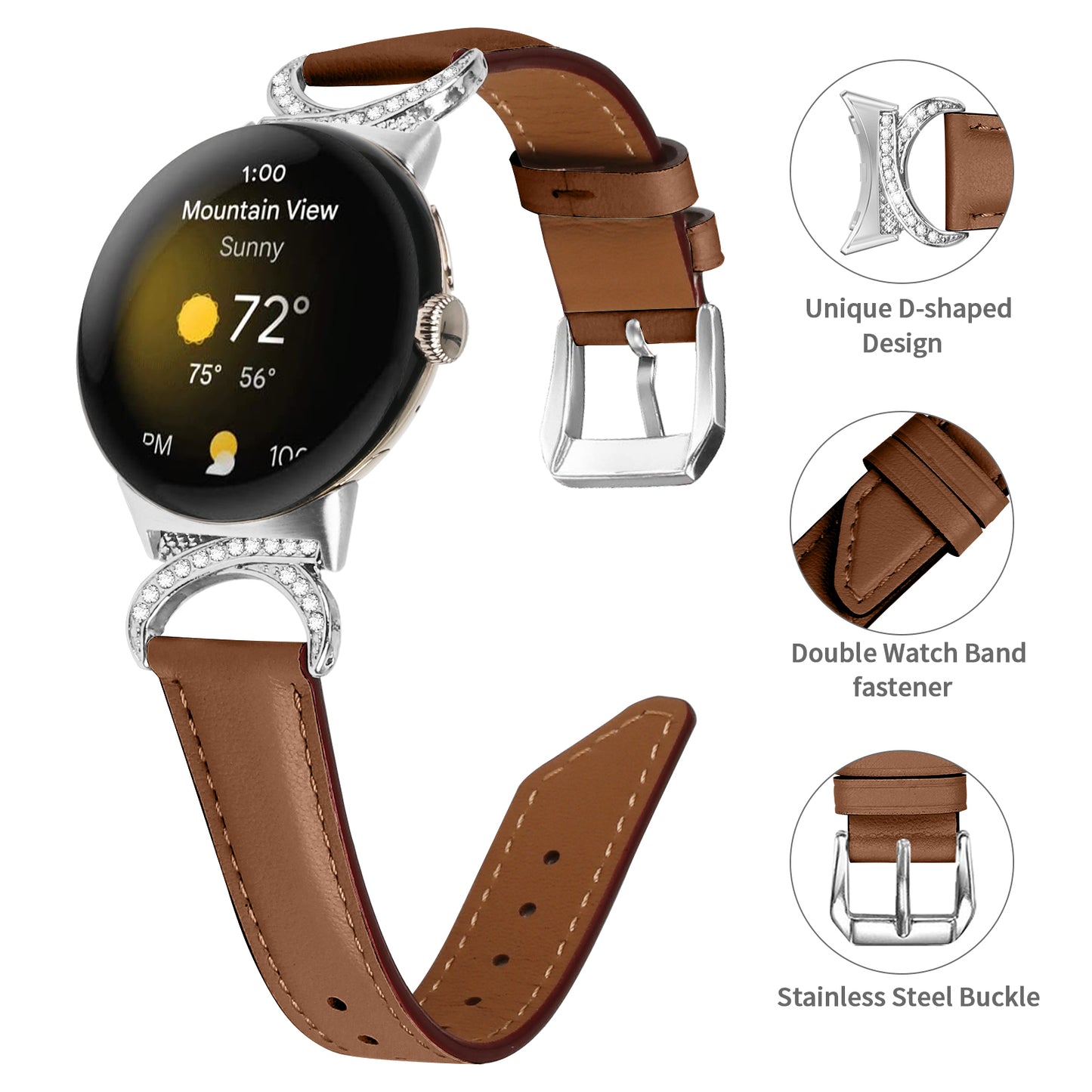 For Google Pixel Watch 2 / Pixel Watch Replacement Strap Rhinestone Decor D-shape Connector Split Leather Wrist Band with Silver Buckle