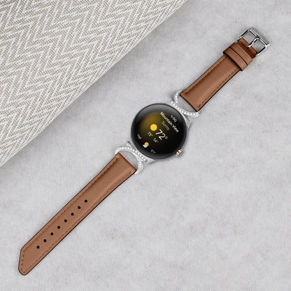 For Google Pixel Watch 2 / Pixel Watch Replacement Strap Rhinestone Decor D-shape Connector Split Leather Wrist Band with Silver Buckle