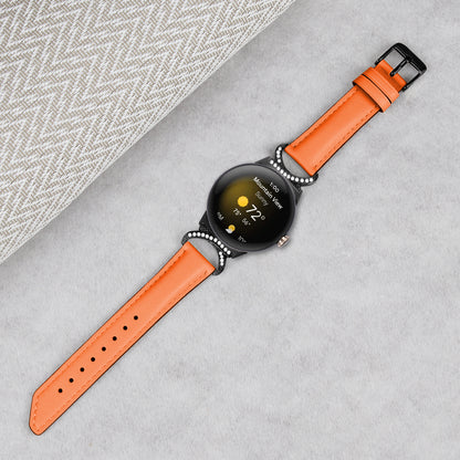 For Google Pixel Watch 2 / Pixel Watch Rhinestone Decor D-shape Connector Split Leather Replacement Strap with Black Buckle