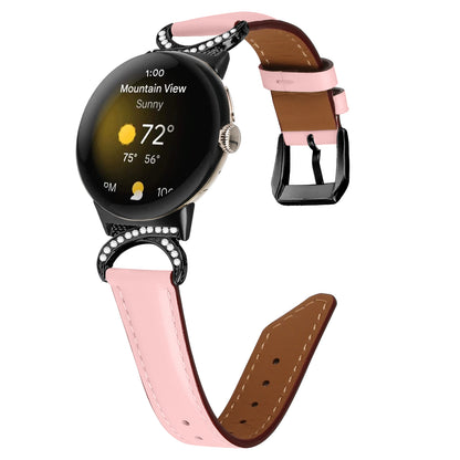 For Google Pixel Watch 2 / Pixel Watch Rhinestone Decor D-shape Connector Split Leather Replacement Strap with Black Buckle