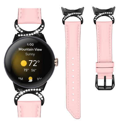 For Google Pixel Watch 2 / Pixel Watch Rhinestone Decor D-shape Connector Split Leather Replacement Strap with Black Buckle