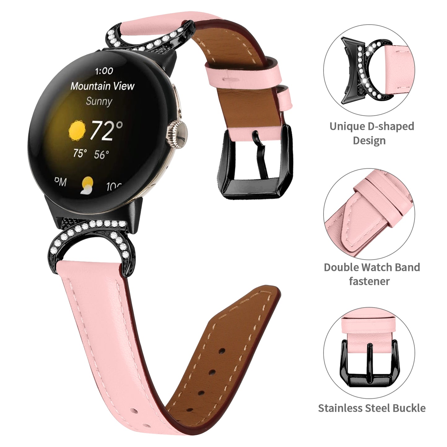 For Google Pixel Watch 2 / Pixel Watch Rhinestone Decor D-shape Connector Split Leather Replacement Strap with Black Buckle