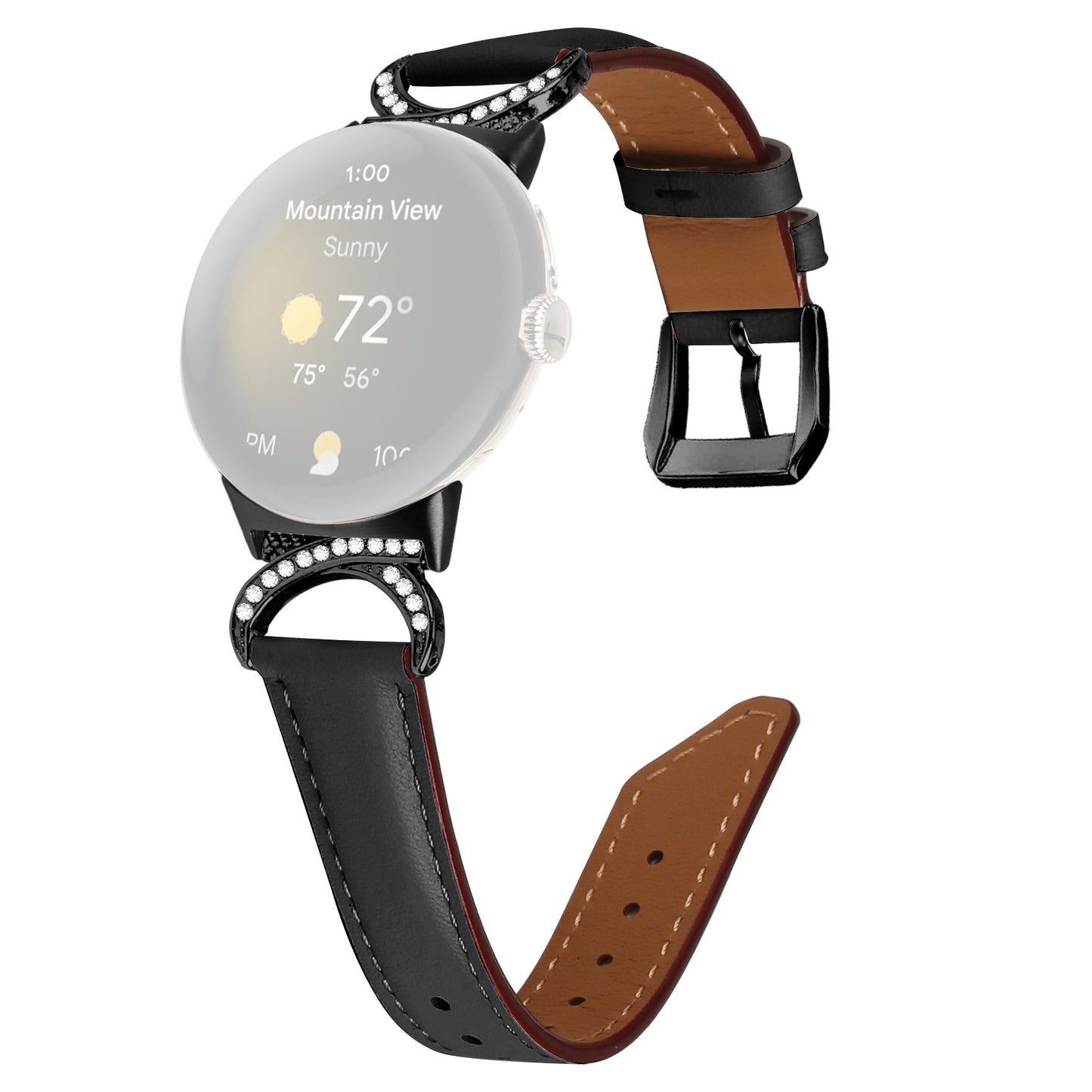 For Google Pixel Watch 2 / Pixel Watch Rhinestone Decor D-shape Connector Split Leather Replacement Strap with Black Buckle