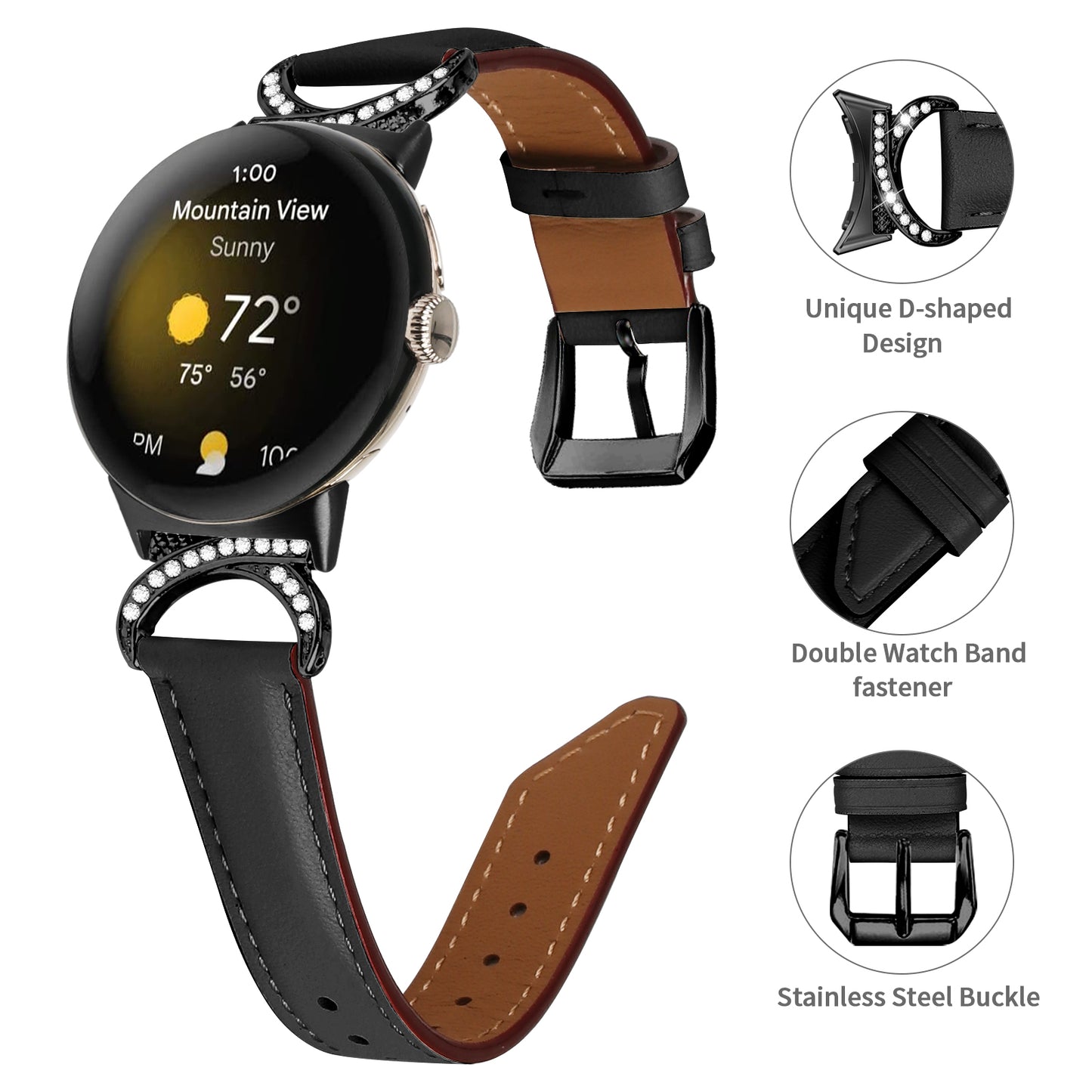 For Google Pixel Watch 2 / Pixel Watch Rhinestone Decor D-shape Connector Split Leather Replacement Strap with Black Buckle